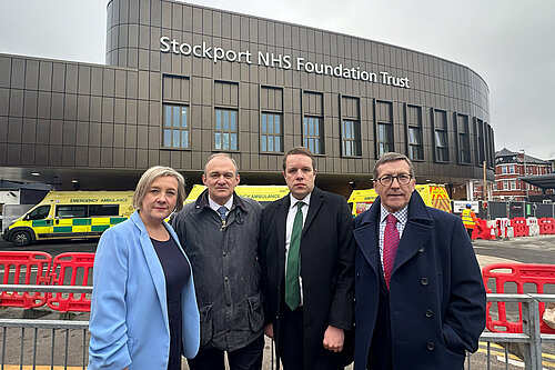 Lisa Smart MP, Sir Ed Davey, Stockport council leader Mark Hunter and Tom Morrison MP at Stepping Hill Hospital